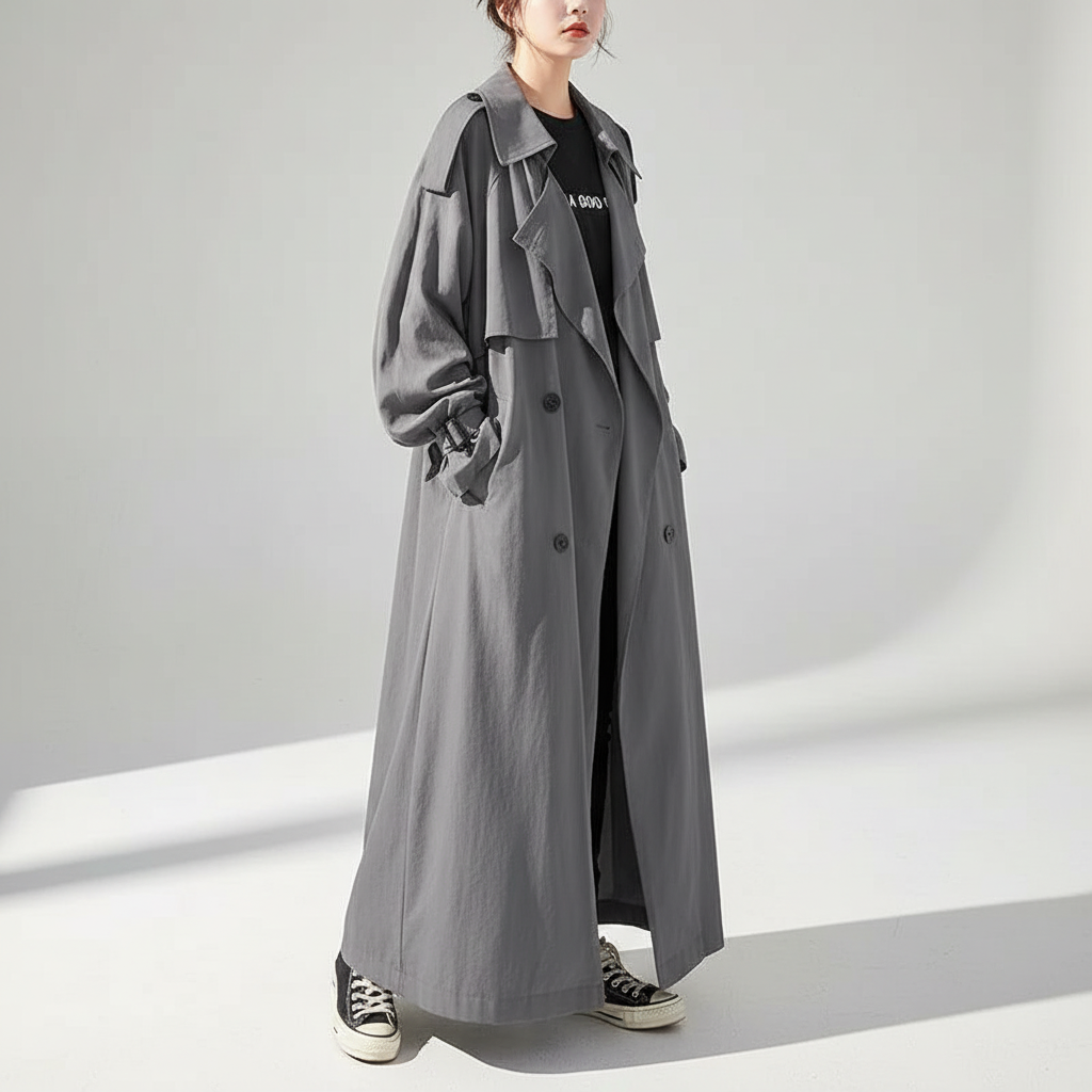 Full shot of a model wearing a Scarlett oversized long trench coat, ideal for women's winter and fall fashion.