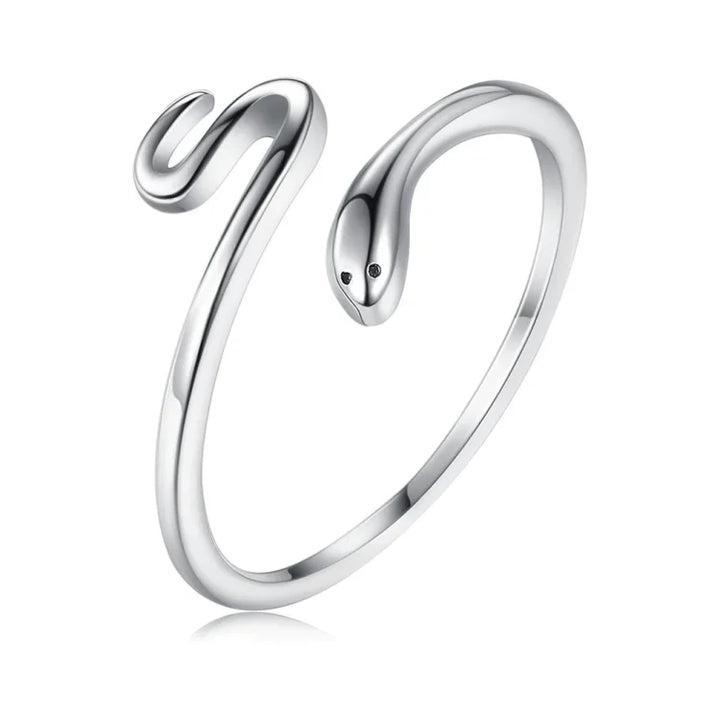 Close-up of a detailed adjustable snake ring for women, embodying transformation and rebirth. Trendy symbolic jewelry.