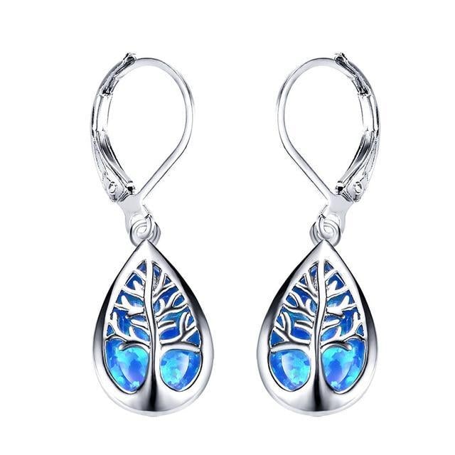 Elegant silver Tree of Life opal dangle earrings for women, featuring a vibrant gemstone. Perfect symbolic jewelry gift.
