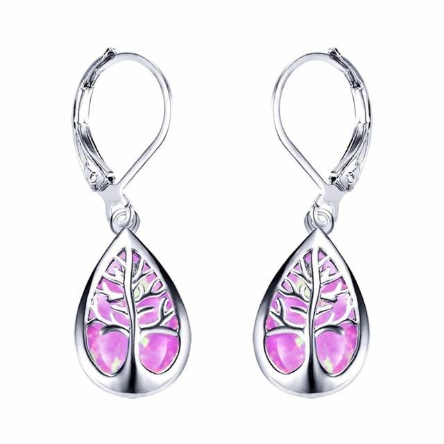 Nature-inspired silver Tree of Life opal earrings for women, elegant dangle style with vibrant gemstones. Symbolic jewelry gift.