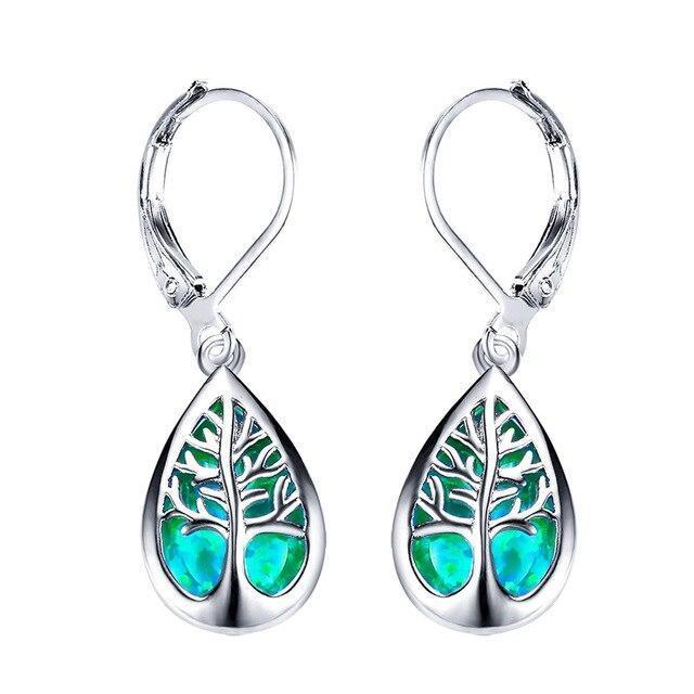 Elegant women's Tree of Life silver dangle earrings with enchanting opal. Symbolic & nature-inspired gemstone jewelry gift.