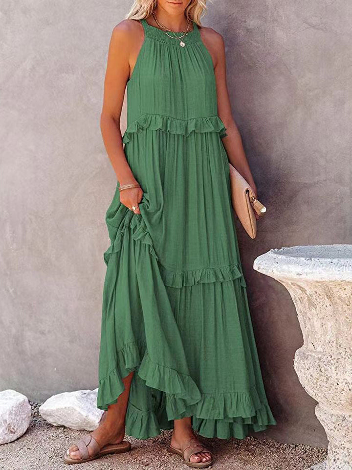 Flowy women's sleeveless maxi dress, "Noor" style, with chic bow, ideal for vacation.