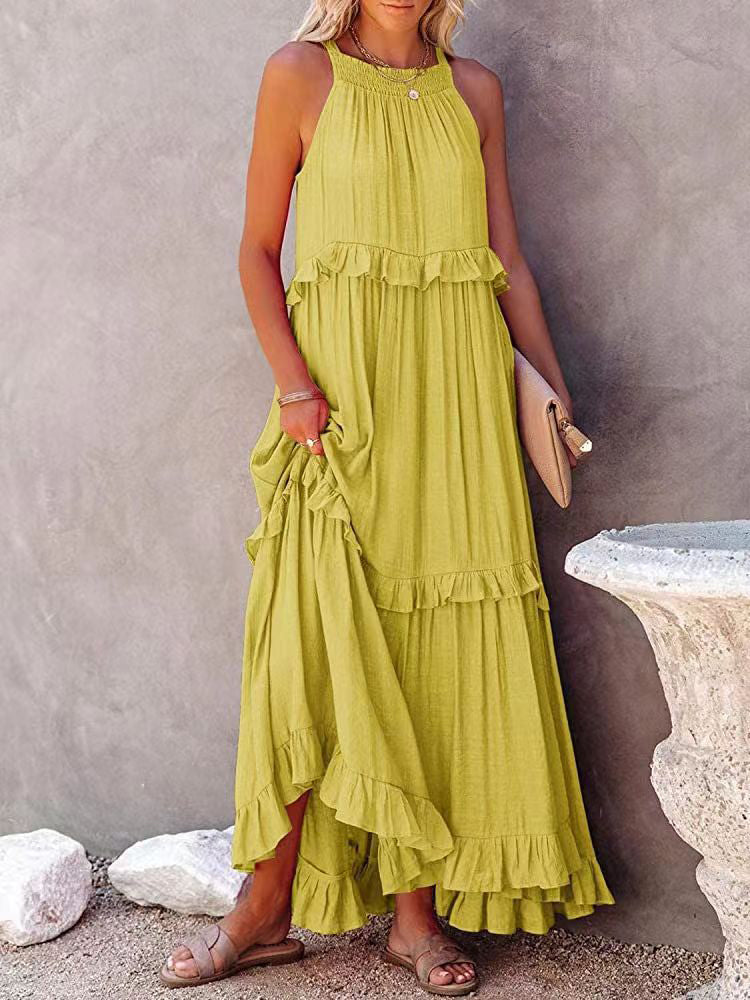 Fashionable women's long summer dress, sleeveless, with a delicate bow detail. Versatile and chic.