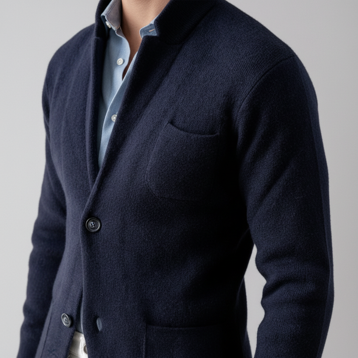Close-up of lapel on a comfortable slim fit men's blazer, highlighting fabric quality