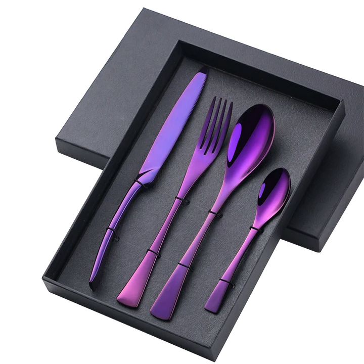 Stylish purple stainless steel flatware set, modern cutlery for elegant dining and home decor.