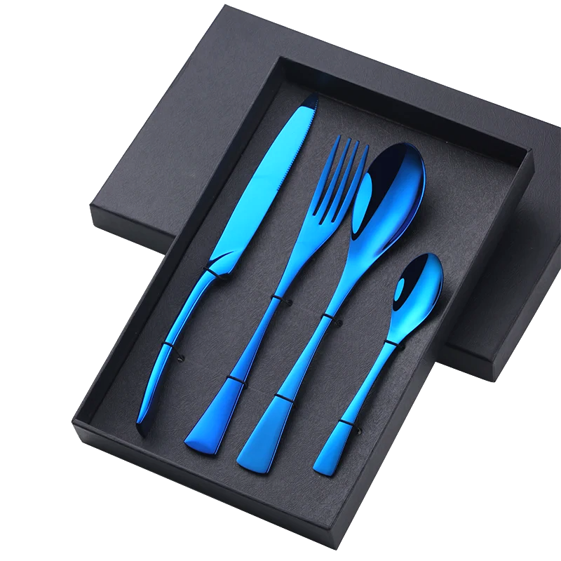 Chic blue stainless steel flatware set, durable dinnerware, perfect kitchen essentials or gift set.