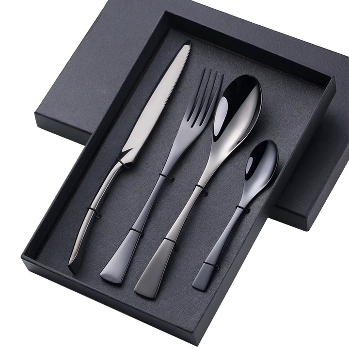 Sleek black stainless steel cutlery set, premium flatware for sophisticated dining and everyday use.