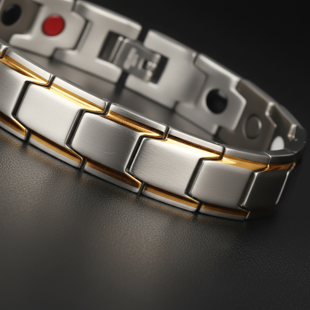 Close-up of SlimAura magnetic therapy bracelet, polished stainless steel links, unisex