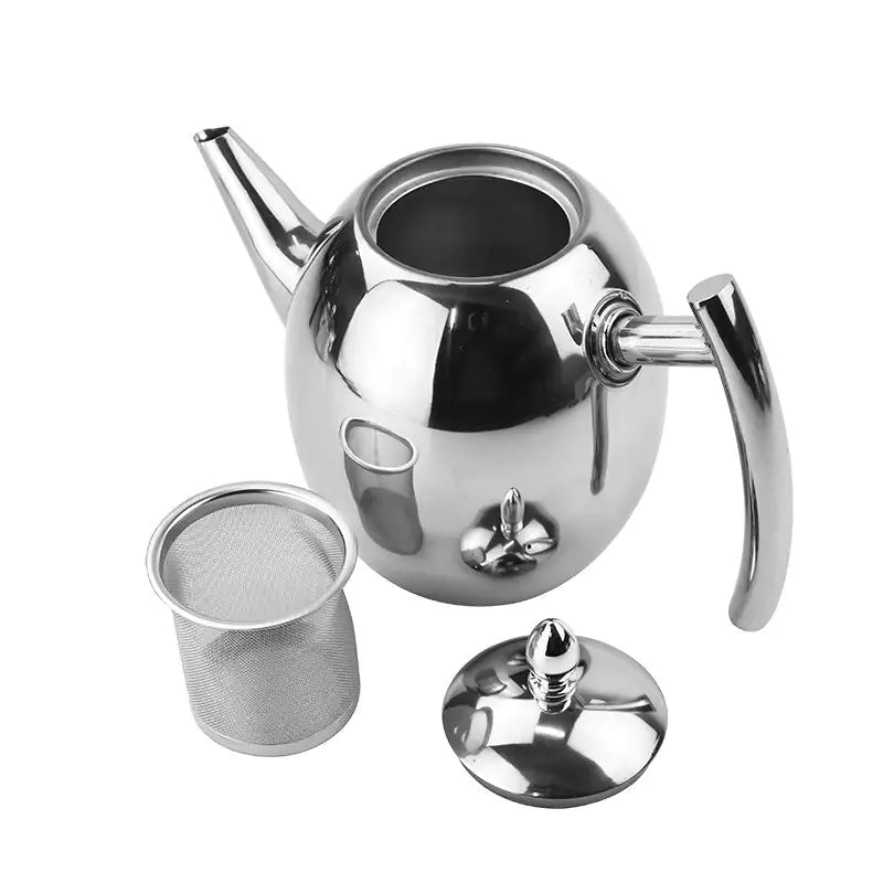 Elegant stainless steel teapot with integrated infuser for brewing loose leaf tea. Perfect for modern kitchens & tea time.