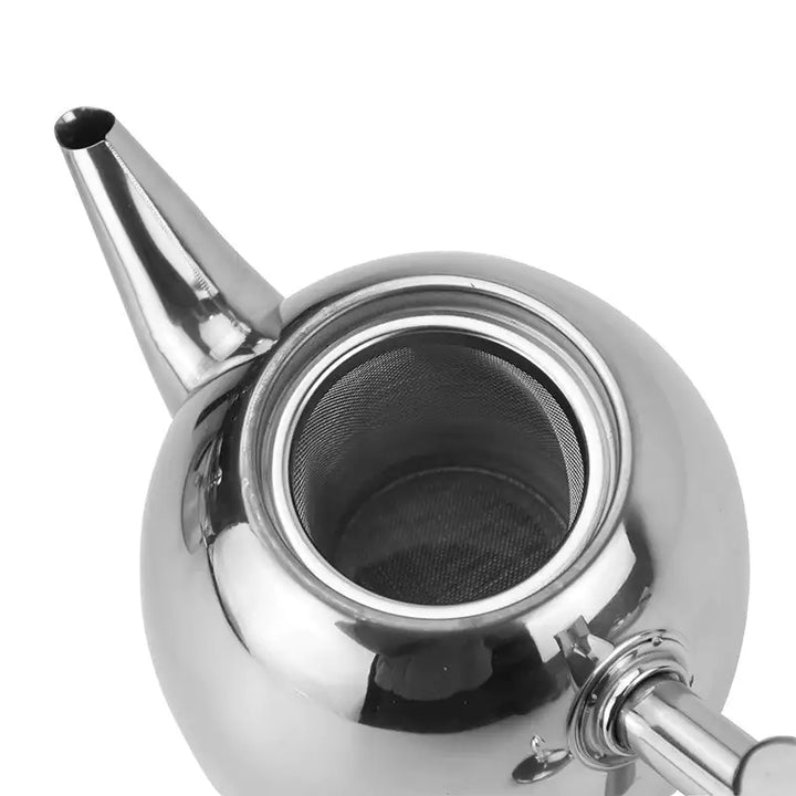 Modern stainless steel teapot with fine mesh infuser, ideal for loose leaf tea. A stylish tea brewer for any kitchen.