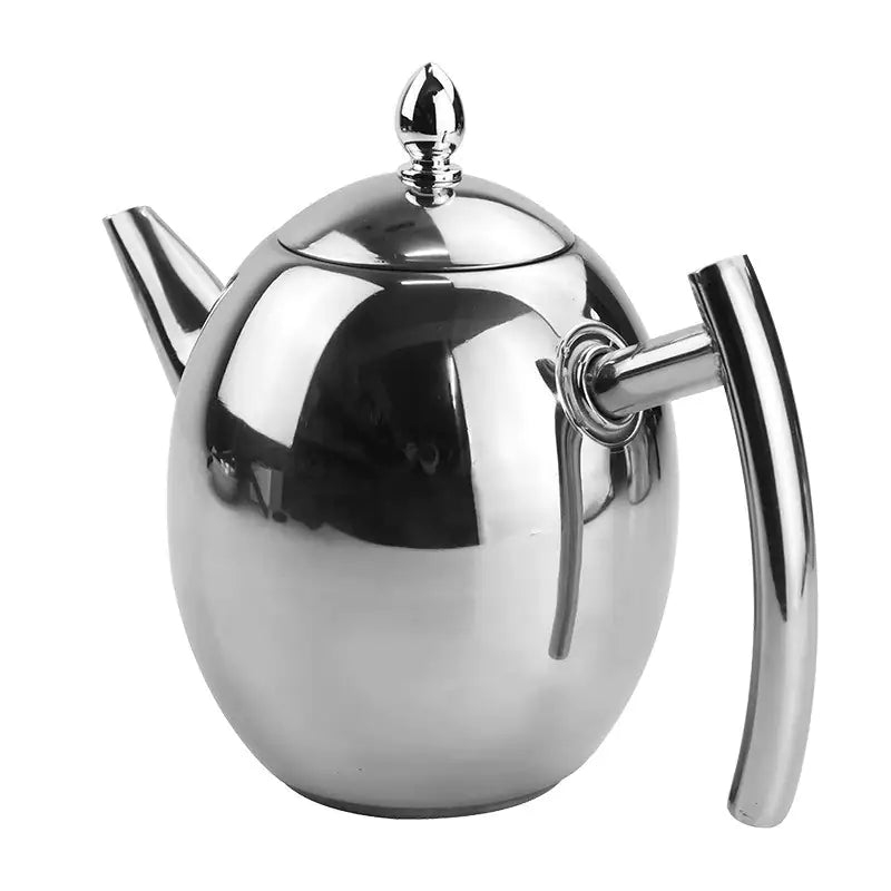 Sleek stainless steel teapot with infuser, designed for brewing fresh loose leaf tea. Essential elegant kitchenware.