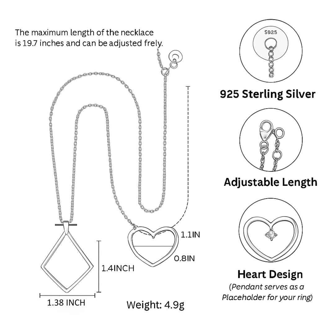 Stylish women's ring holder necklace, heart design in sterling silver. Elegant & functional jewelry worn daily or for gifts.