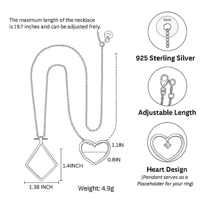 Stylish women's ring holder necklace, heart design in sterling silver. Elegant & functional jewelry worn daily or for gifts.