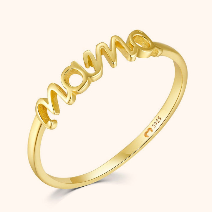 Elegant sterling silver Mama ring, available in radiant gold plated or classic silver, perfect women's jewelry gift for mom.