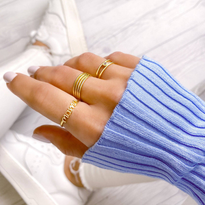 Minimalist gold plated sterling silver Mama ring, an elegant fashion ring celebrating motherhood, ideal gift for mom.