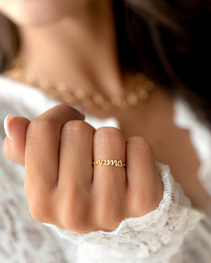 Stylish Mama ring in sterling silver, choose between lustrous gold plated or sleek silver finish, beautiful women's jewelry.