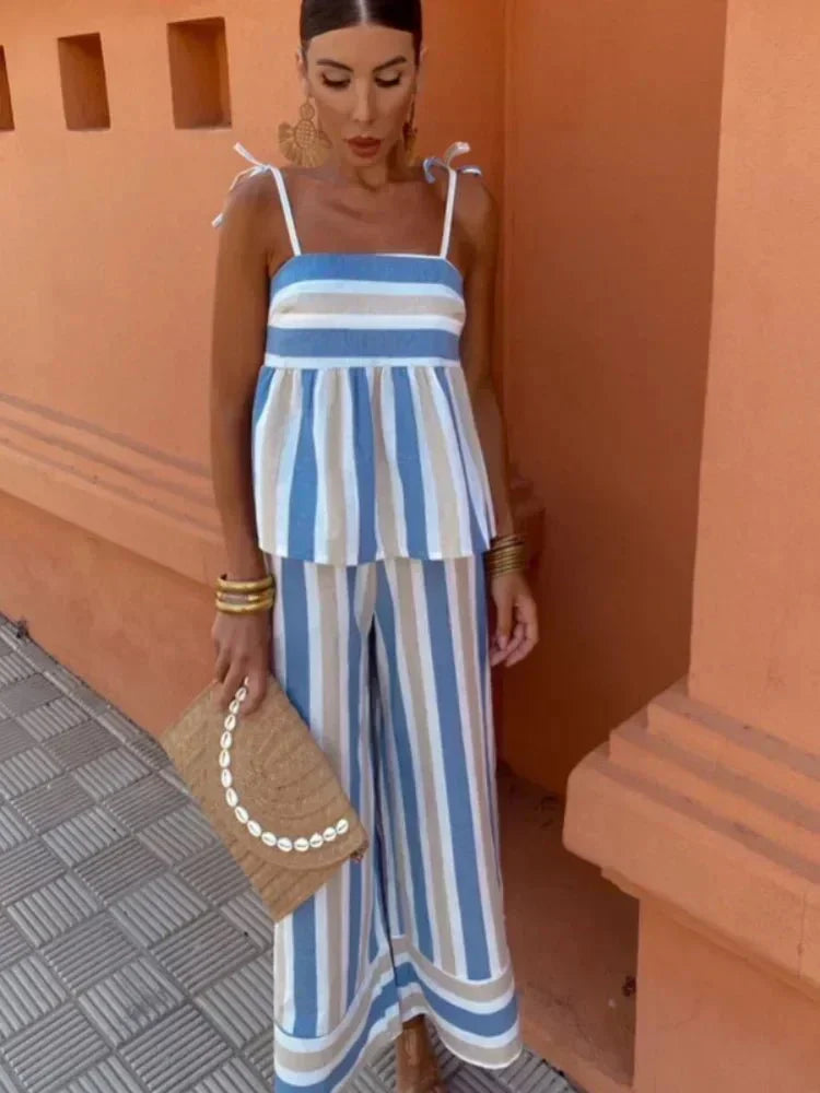 Elegant striped wide leg wedding guest dress, a chic two-piece outfit for summer occasions.