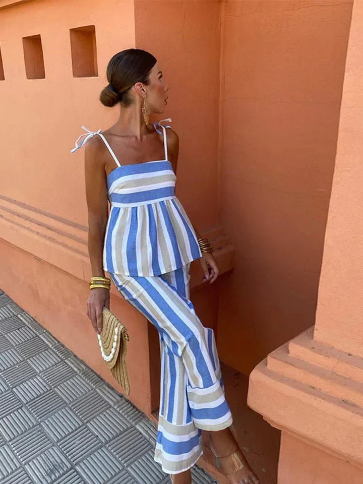 Effortlessly elegant striped wide leg wedding guest dress, a stylish two-piece for summer resort wear.