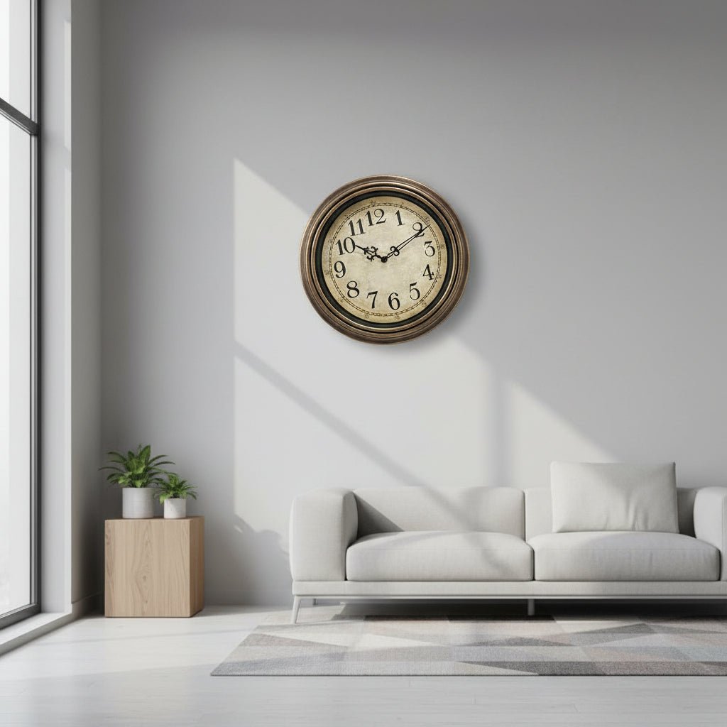 Elegant timeless wall clock with silent quartz movement, perfect for modern home decor. Features a metal frame & glass cover.