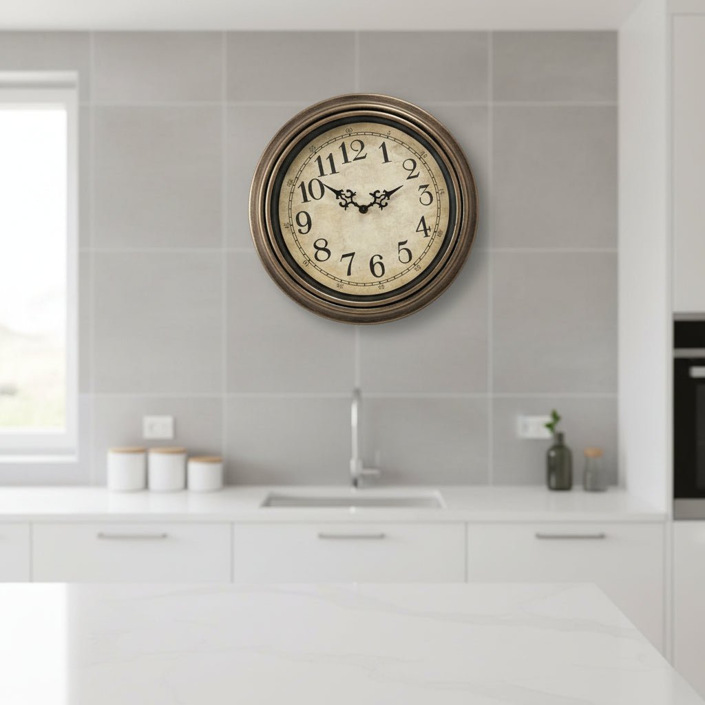 Decorative classic/modern wall clock with silent quartz movement. Elegant metal frame & glass cover enhances home decor.