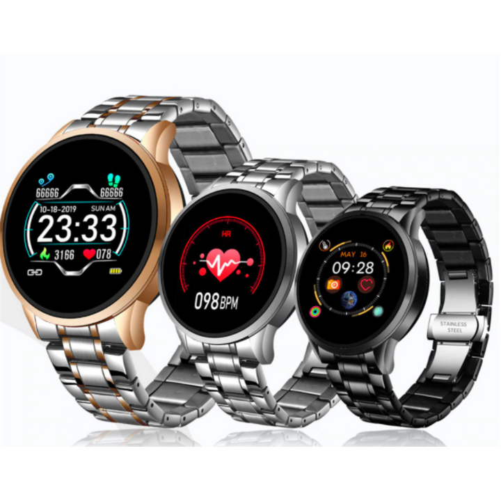 Close-up of the TimelessTrack smartwatch with sleek black strap & clear display. Elegant tech accessory.