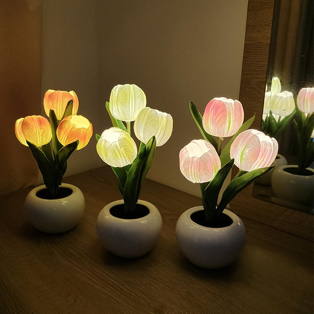 Elegant Tulip Flower LED Night Light, USB/battery powered, for bedroom decor and ambient lighting.