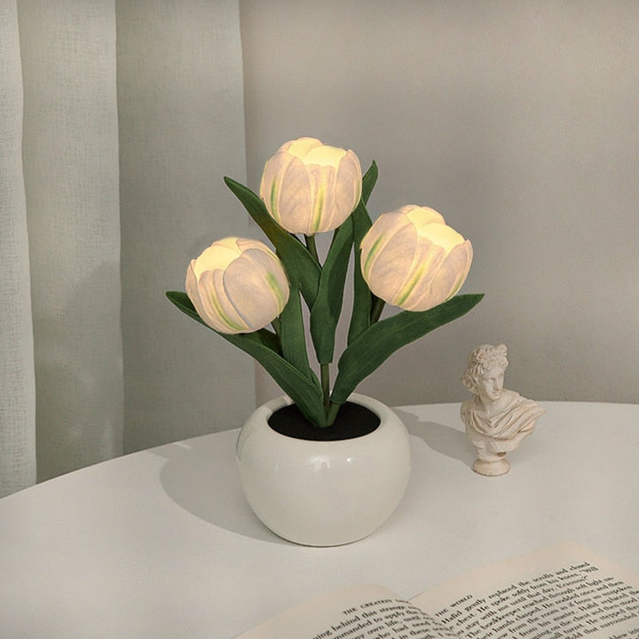 Modern tulip flower LED night light with dual power options, enhancing home decor.