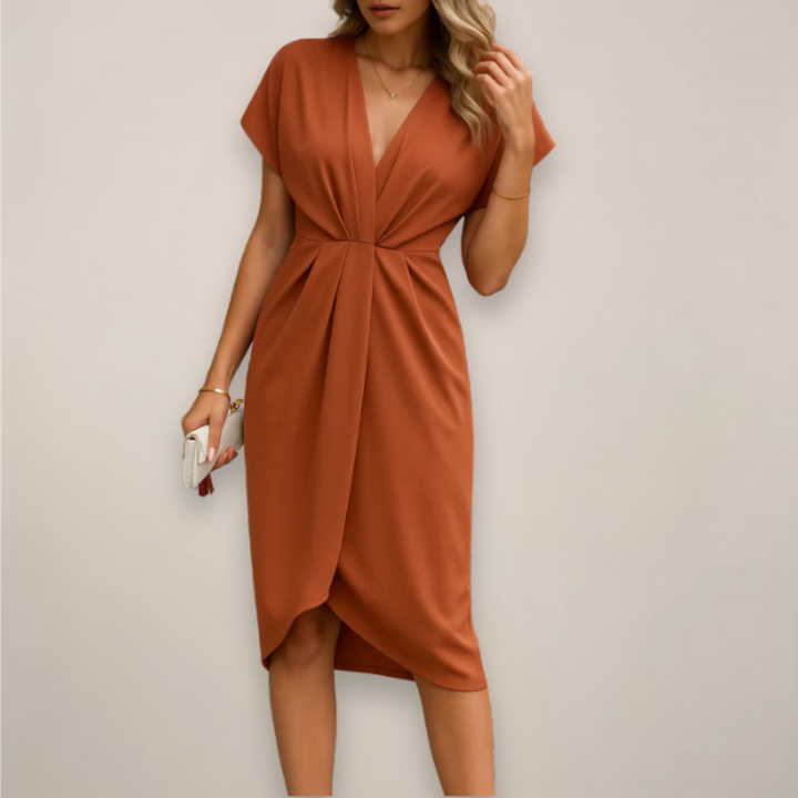 Flattering short sleeve twist knot bodycon V-neck midi dress, an elegant choice for women's evening wear.