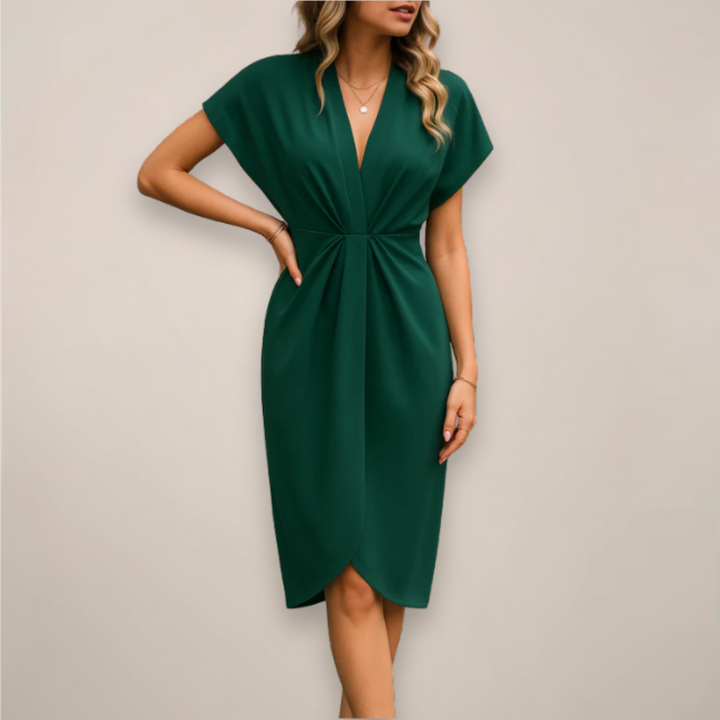 Chic women's V-neck bodycon midi dress featuring a stylish twist knot detail, suitable for parties & events.