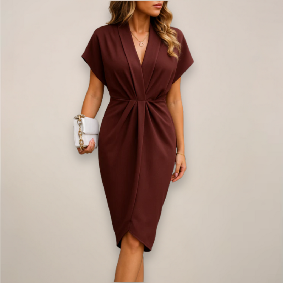 Elegant women's bodycon midi dress with a V-neck, short sleeves & a flattering twist knot, perfect for evenings.