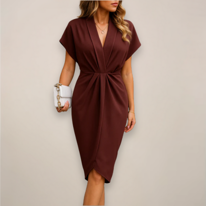 Elegant women's bodycon midi dress with a V-neck, short sleeves & a flattering twist knot, perfect for evenings.