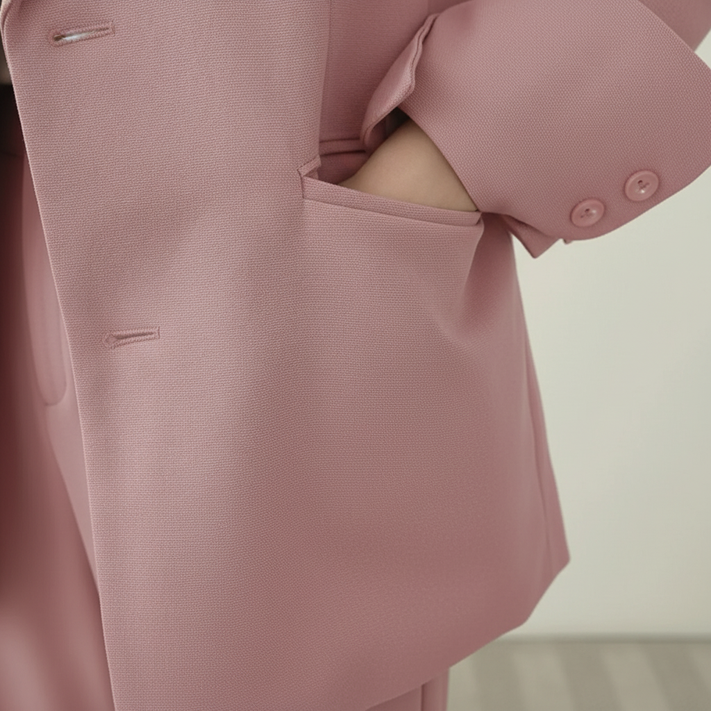 Stylish women's two-piece suit in cotton blend, suitable for professional office environments and casual outings