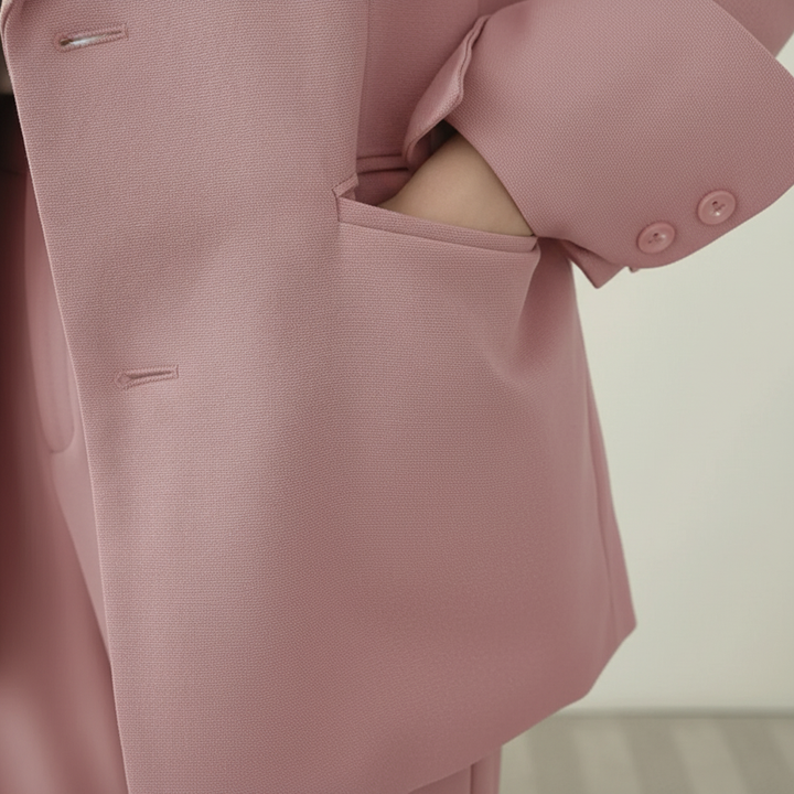 Stylish women's two-piece suit in cotton blend, suitable for professional office environments and casual outings