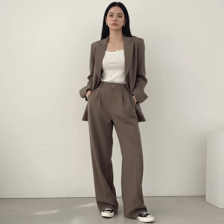 Women's business casual two-piece suit in a durable cotton blend, offering a chic and elegant look