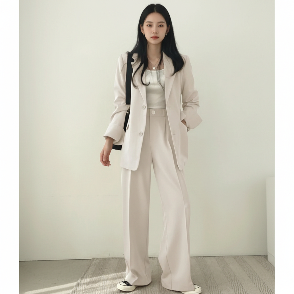 Elegant women's suit set, a two-piece cotton blend perfect for spring and autumn business or everyday fashion
