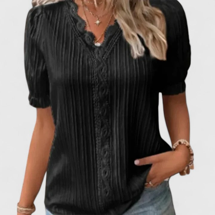 Elegant V-neck blouse for women, featuring stylish hollow short sleeves. Perfect for summer fashion & everyday style.