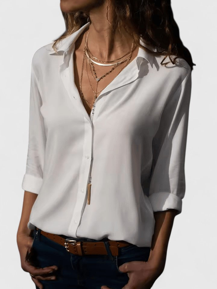 Comfort fit V-neck blouse for women, ideal for stylish office or relaxed casual wear.