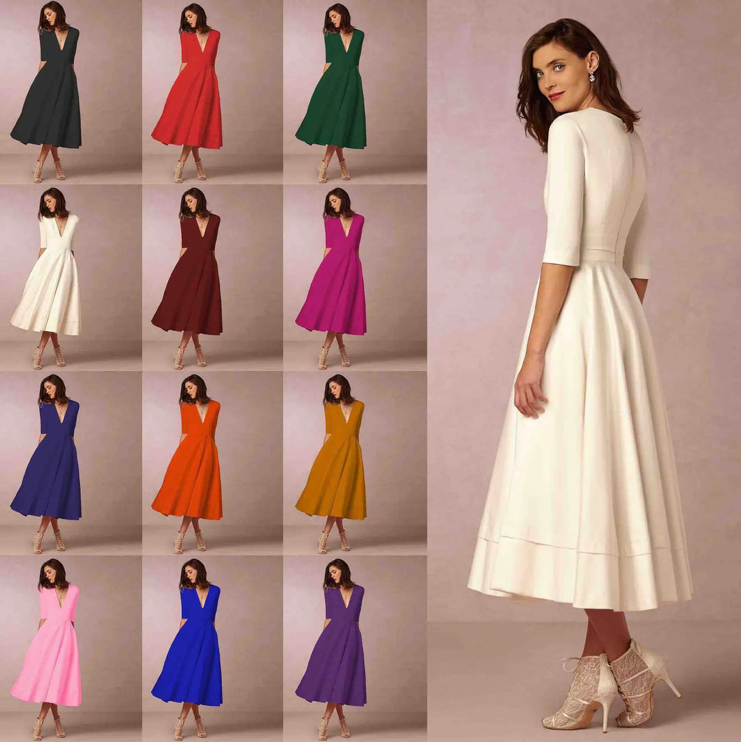 Women's elegant V-neck elbow-sleeve midi dress, styled for versatile casual and formal fashion.