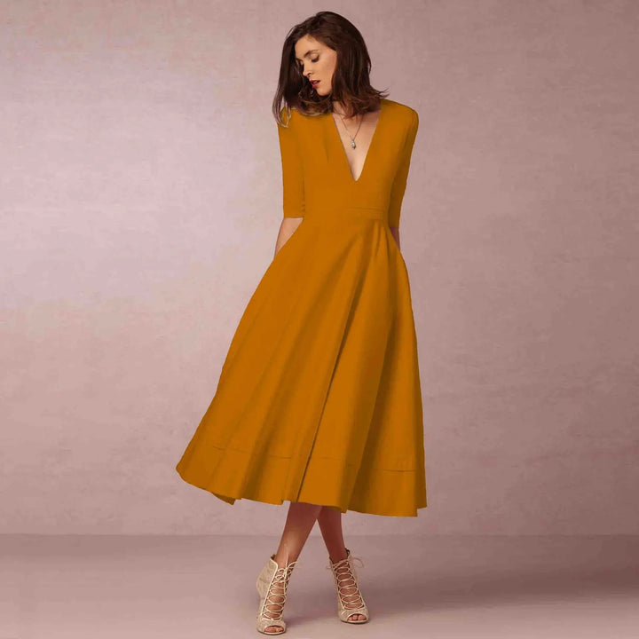 Stylish V-neck elbow-sleeve midi dress for women, perfect for elegant casual or formal wear.