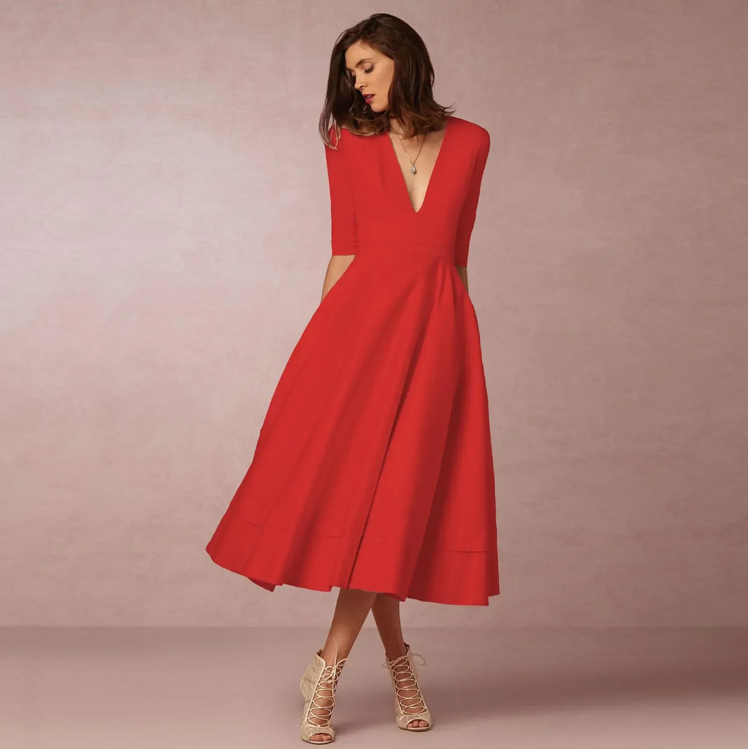 Front view: Elegant women's V-neck elbow-sleeve midi dress, showcasing its versatile style.