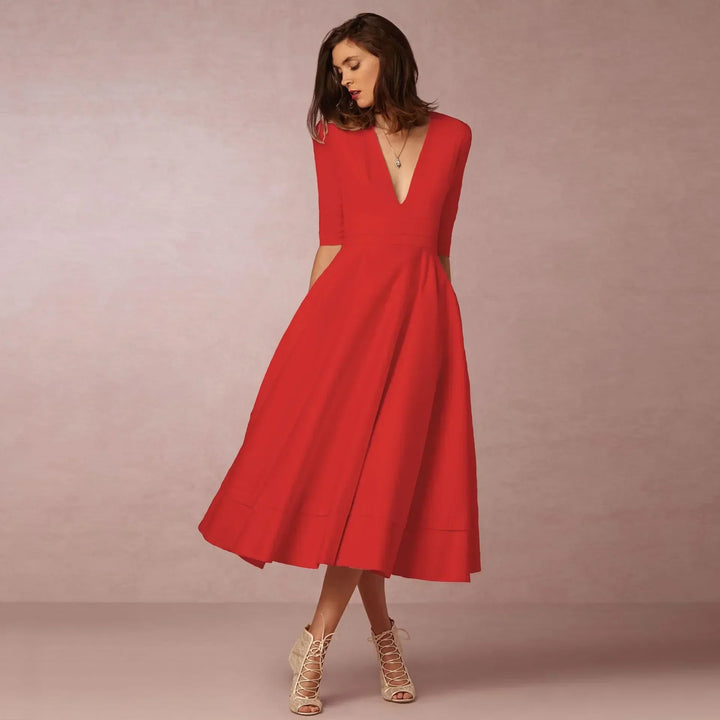 Front view: Elegant women's V-neck elbow-sleeve midi dress, showcasing its versatile style.