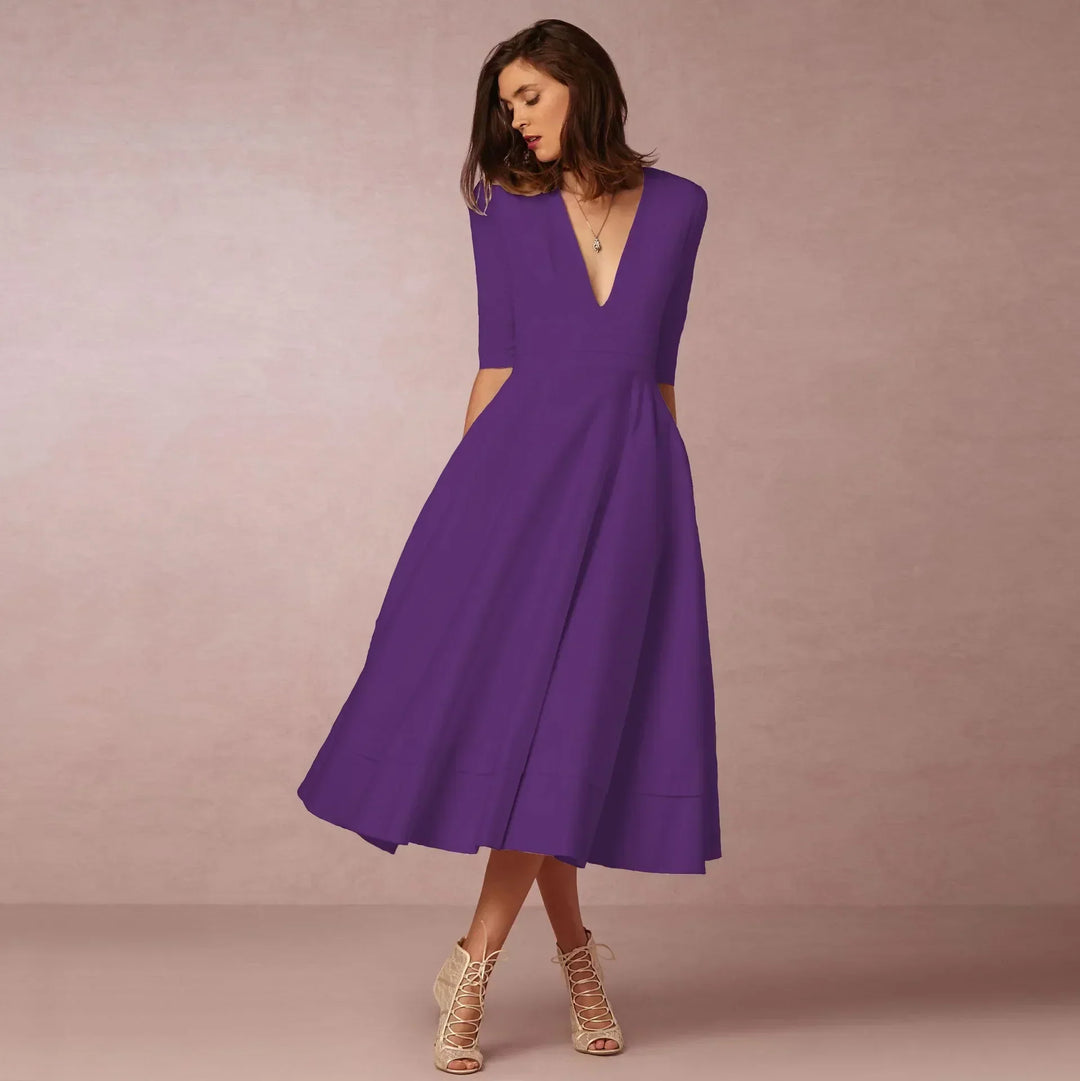 Flattering women's V-neck midi dress, elbow sleeves, an elegant & versatile wardrobe essential.
