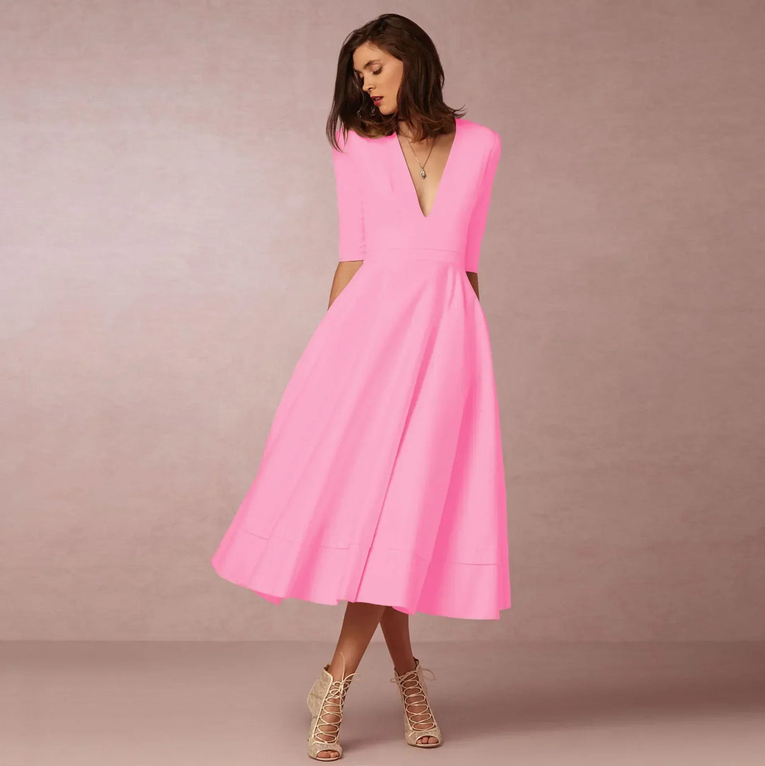 Sophisticated V-neck elbow-sleeve midi dress for women, ideal for elegant year-round fashion.