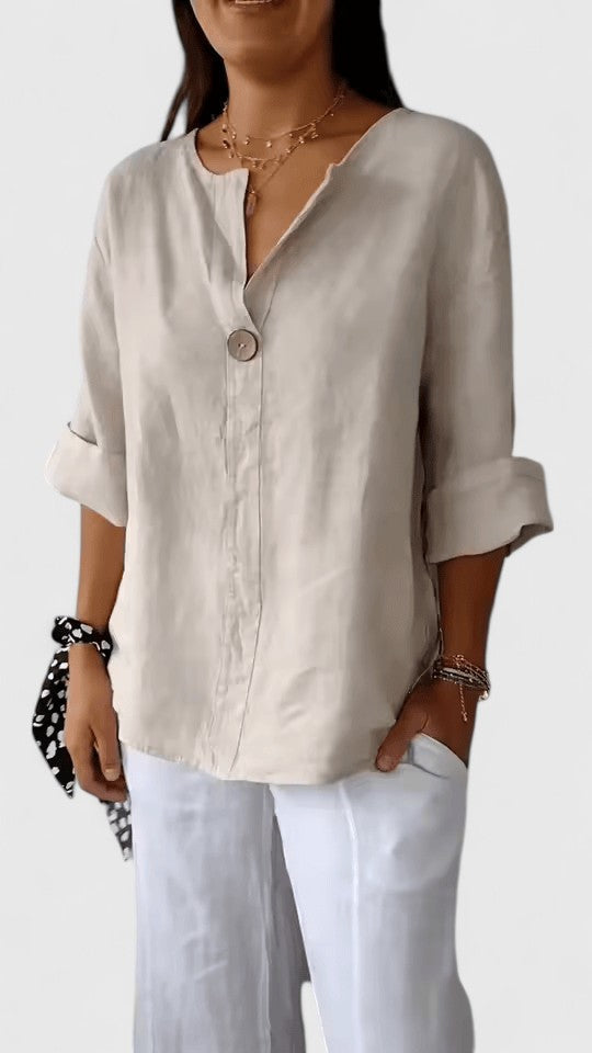 Stylish women's V-neck blouse featuring a delicate front knot, perfect for warm weather and summer fashion.