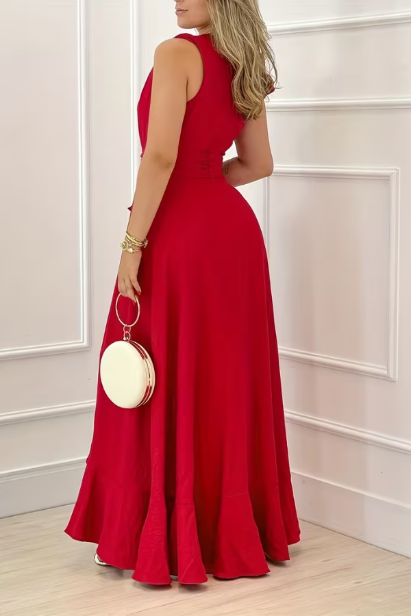 Stylish women's elegant V-neck maxi dress, suitable as a party dress, evening gown, or for special occasions.