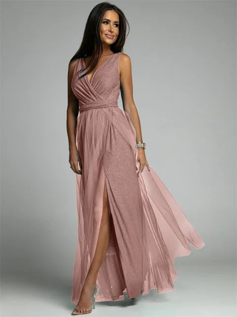 Elegant V-neck party dress for women, sleeveless and flattering fit, ideal for special occasions.