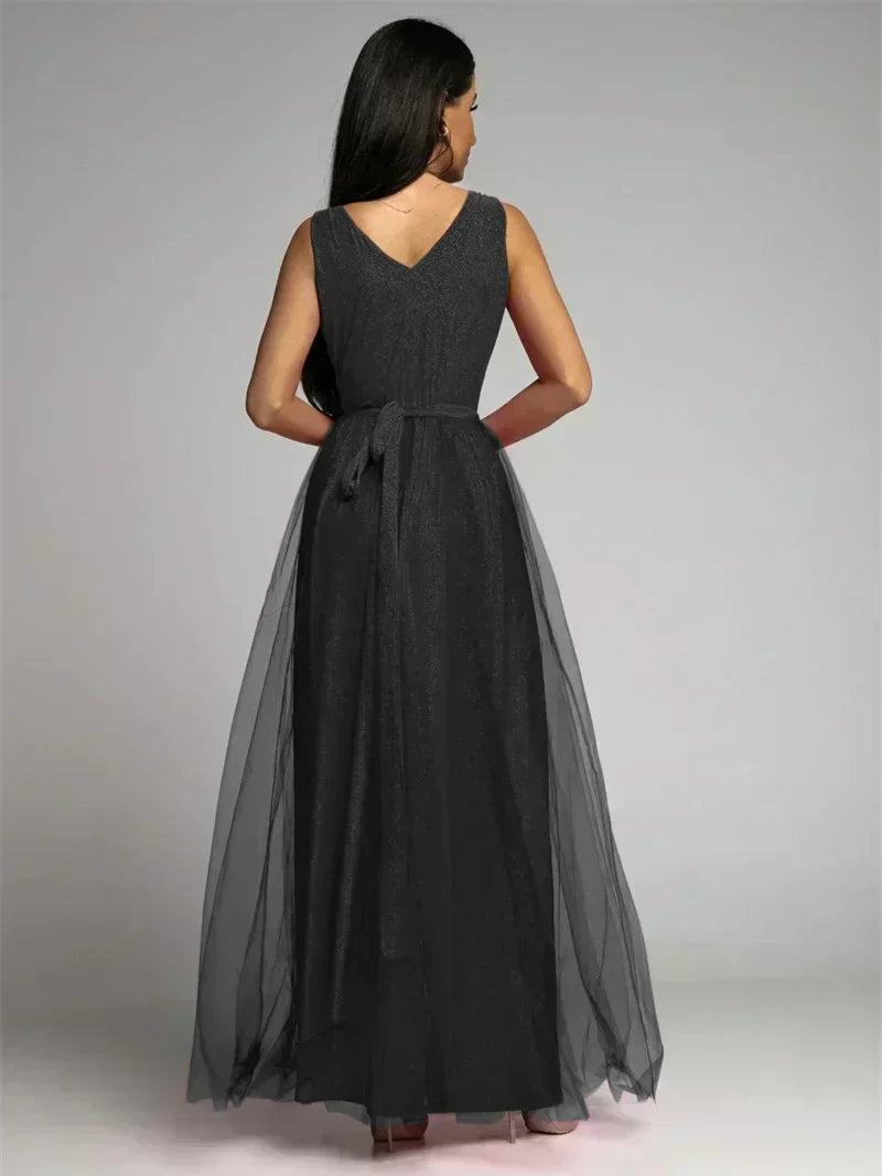 Elegant women's evening dress, V-neck and sleeveless, perfect for formal parties & celebrations.