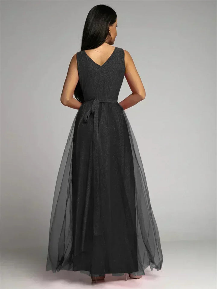 Elegant women's evening dress, V-neck and sleeveless, perfect for formal parties & celebrations.