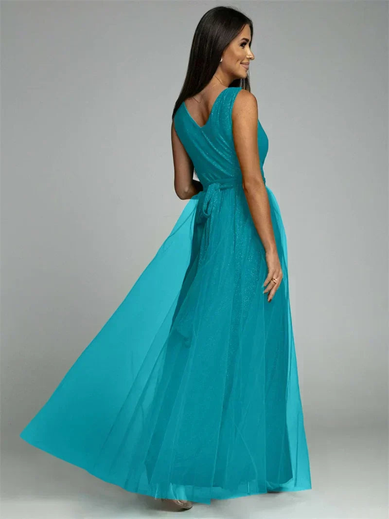 Stylish Mindy V-neck dress, women's sleeveless & flattering for cocktail parties and events.