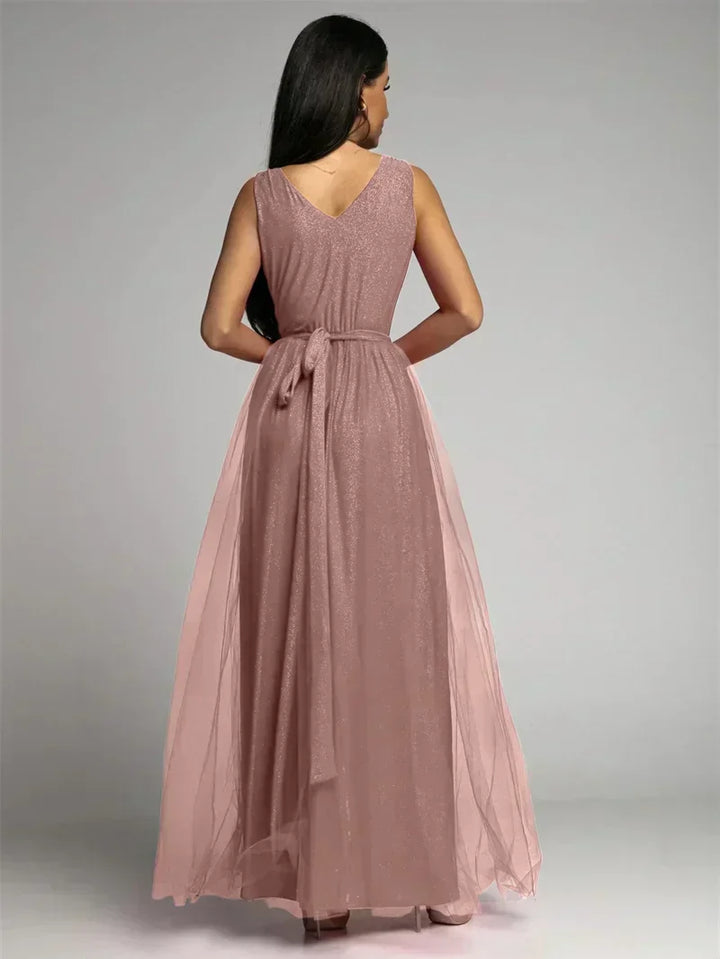 Glamorous women's V-neck party dress, fitted and sleeveless, a chic celebration outfit.